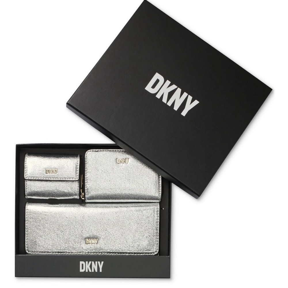 DKNY Lumen Wallet, Card Holder, and Earbud Case in Silver.